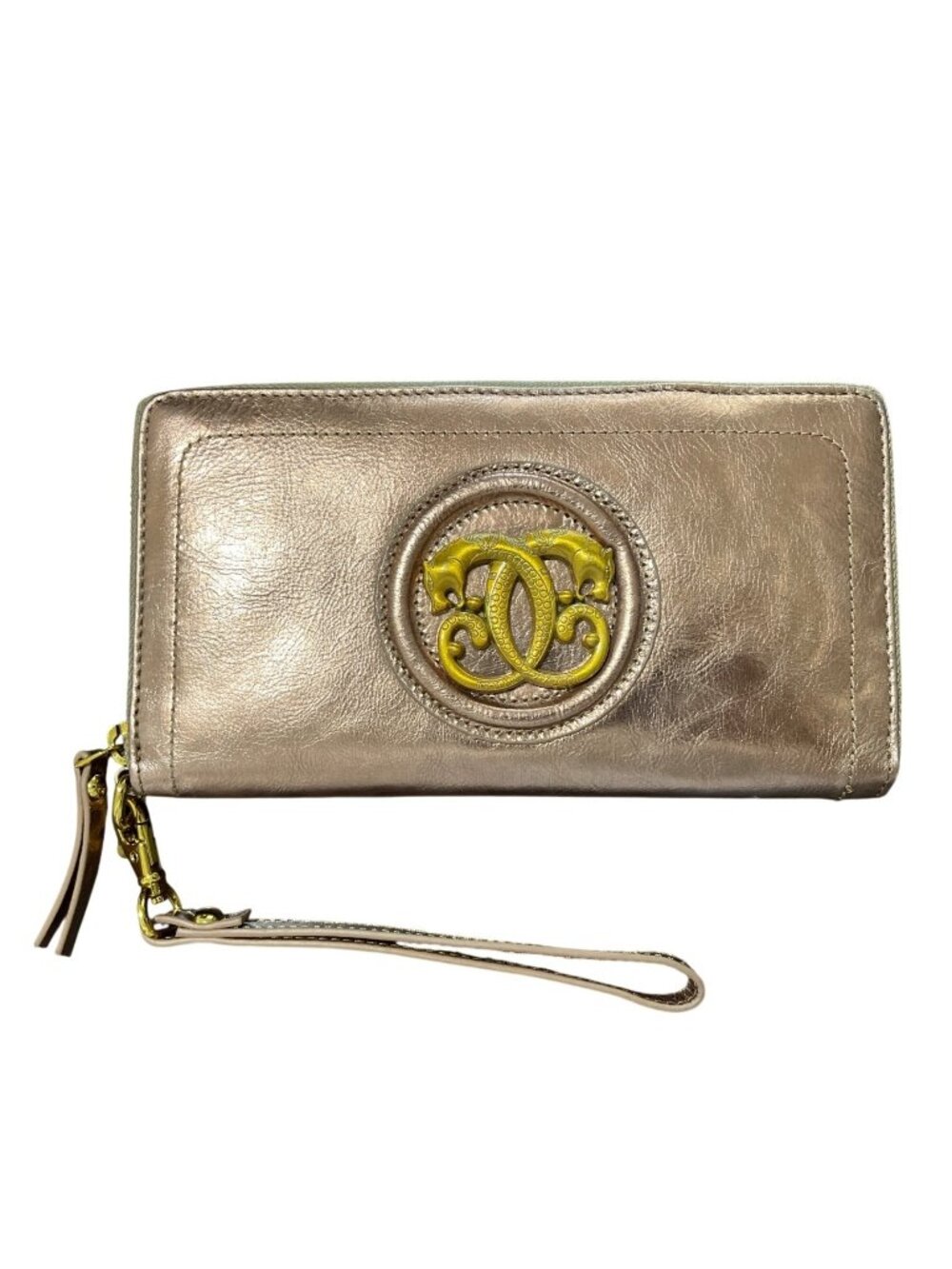 Sharif Setosa Leather Secretary Wallet Zip-Around Wristlet Golden Cat Dragon